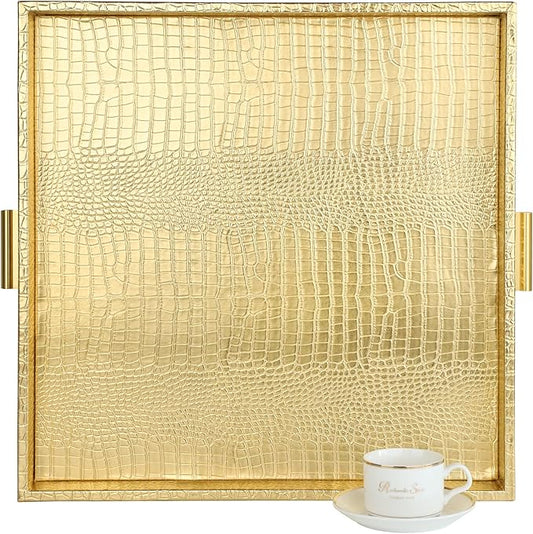 HofferRuffer Elegant Decorative Serving Tray, 20"x20" Square Faux Leather Ottoman Tray with Gold Hardware Handles, Coffee Table Serve Tea, Coffee or Breakfast (Gold, Square-20 inch)