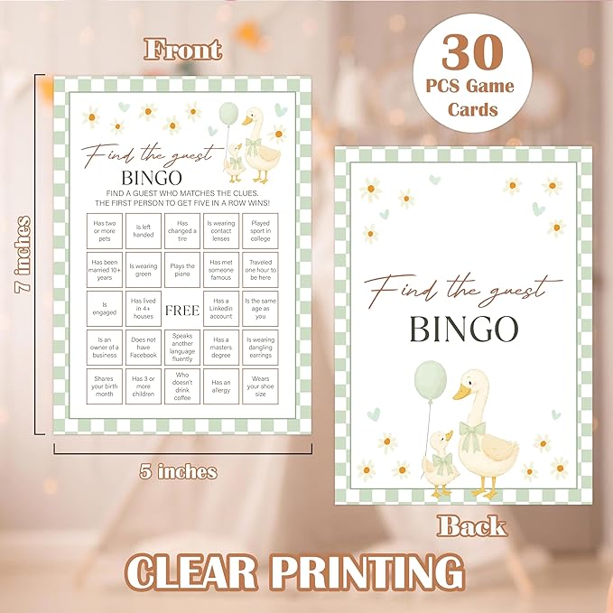 Goose Baby Shower Games, Sage Green Little Goose Find The Guest Bingo Game for 30 Guests with Game Cards, Gender Reveal, Baby Shower Supplies & Decorations (DV16)
