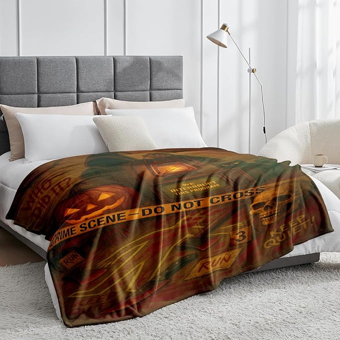 Halloween Crime Scene Blanket 60"x50" - Spooky Throw Blanket, Mystery Halloween Decor, Cozy Vintage Flannel Blanket, Scary Bedding for Parties, Unique Gift for Mystery Lovers
