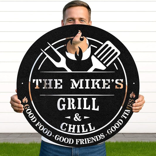 Custom BBQ Grill Metal Sign Personalized Name Wall Art for Outdoor Barbecue Patio Kitchen Backyard Decor Gift for Dad Husband Men Papa Grandpa Father Grilling Enthusiasts Family Lover Funny Gifts 04
