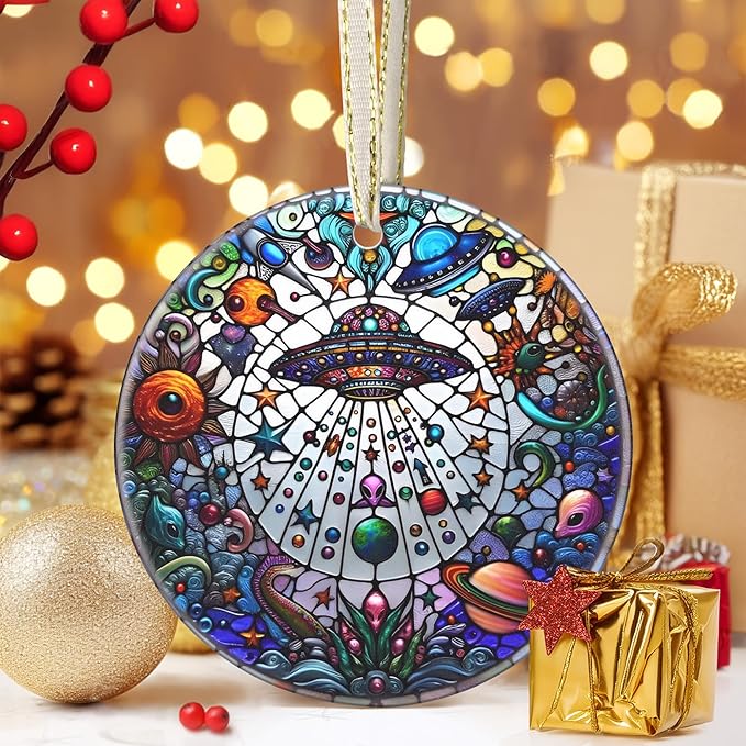UFO&Alien 3.5 Inch Ceramic Christmas Hanging Ornament - Tree Decoration, Gift Exchange Present
