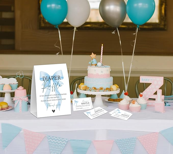 Blue Bow Baby Shower Diaper Raffle, Baby Shower Game, Include One 5×7 Sign and 50 Diaper Raffle Tickets, Blue Coquette Bow Gender Reveal Party Decoration Supplies - FG18