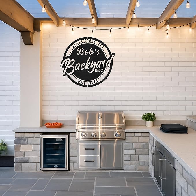 Custom BBQ Grill Metal Sign Personalized Name Wall Art for Outdoor Barbecue Patio Kitchen Backyard Decor Gift for Dad Husband Men Papa Grandpa Father Grilling Enthusiasts Family Lover Funny Gifts 13
