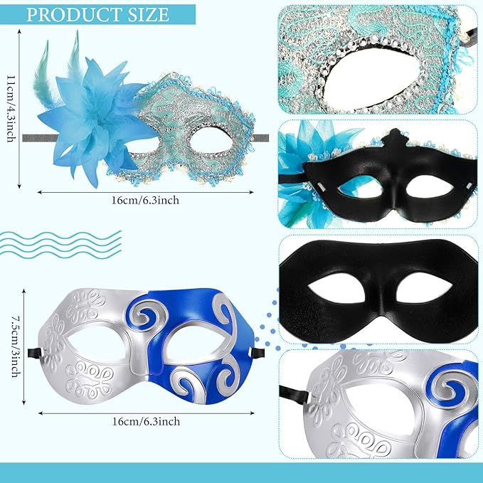 Sratte Couple Masquerade Mask with Feather Flower Unisex Half Face Venetian Mask for Mardi Gras Party