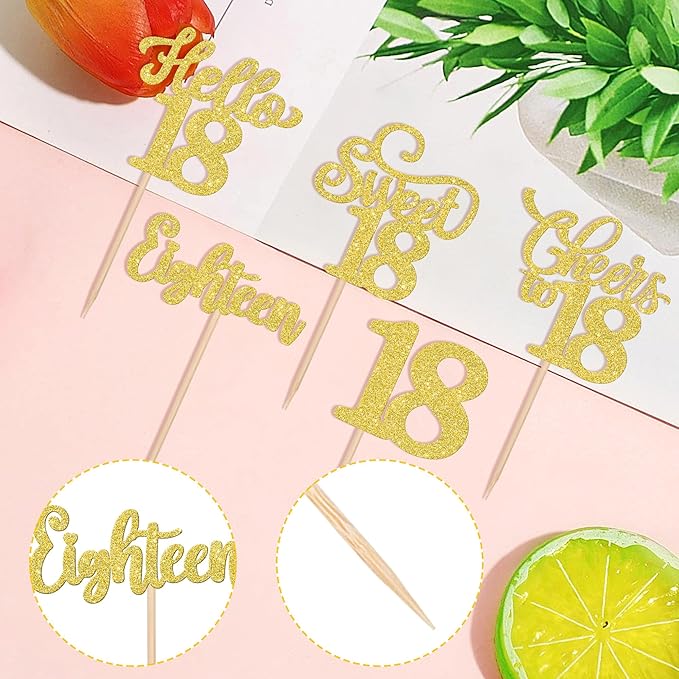 30PCS Happy 18th Birthday Cupcake Toppers Glitter Eighten Sweet 18 Hello 18 Cupcake Picks Cheers to 18 Birthday Decorations for 18th Birthday Anniversary Party Cake Decoration Supplies Gold