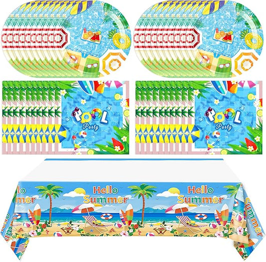 41Pcs Pool Party Decorations,Summer Beach Tableware Include Hello Summer Paper Plates,Napkins,Tablecloths,for Kids Swimming Pool Birthday Party,Hawaii Holiday Beach Party Decorations Supplies,Serv 20