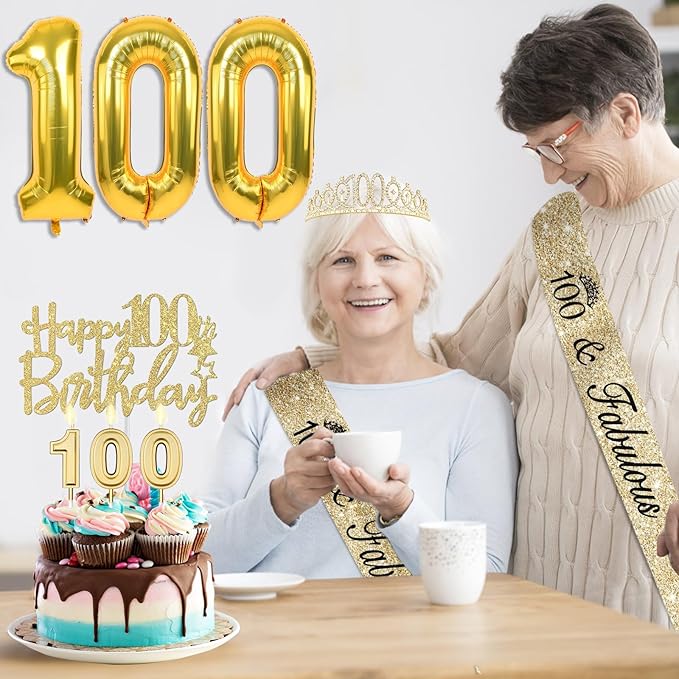 100th Birthday Decorations Women Gold with Crown and Sash, Candles and Cake Topper, Number Balloons, Happy 100th Birthday Party Gifts Supplior