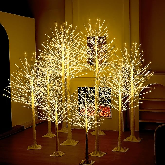 Baquler 10 Pack Lighted Birch Tree - Large Christmas Warm-White LED 8 Mode Light Birch Tree Decoration Set for Thanksgiving Holiday Fall Winter Party Decor, Indoor & Outdoor (4 5 6 7 8 ft)