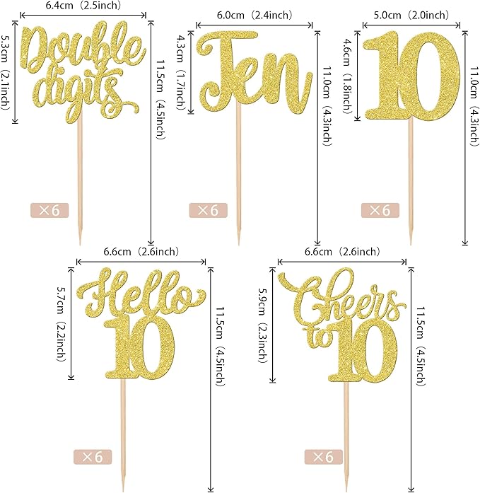 30PCS Happy 10th Birthday Cupcake Toppers Glitter Ten Double Digits Hello 10 Cupcake Picks Cheers to 10 Birthday Decorations for 10th Birthday Anniversary Party Cake Decorations Supplier Gold