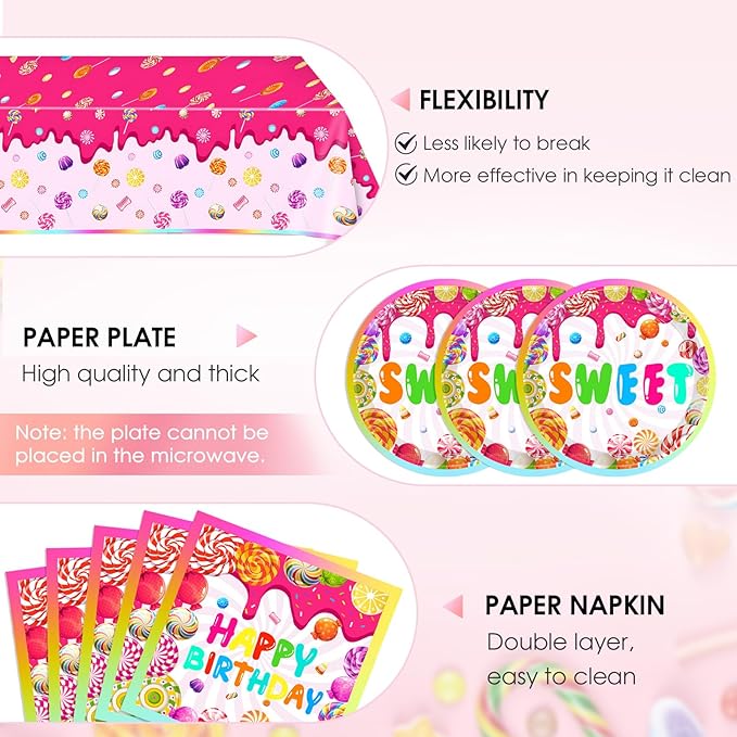 41 Pcs Candyland Party Decorations Candy Themed Party Tableware Set Include Candy Disposable Paper Plates Napkins Tablecloths,for Baby Shower Boys Girls Birthday Party Decorations Supplies,Serves 20
