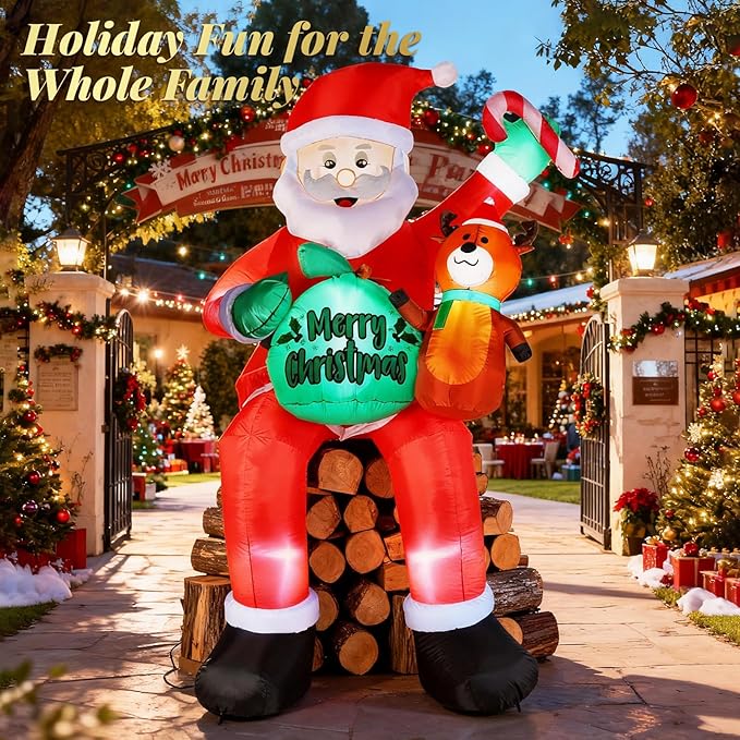 8FT Christmas Inflatables Outdoor Decorations, Sitting Santa Claus with Gift Candy and Reindeer, Blow Up Holiday Yard Decor with Built-in LED Lights for Xmas Garden, Lawn, and Party