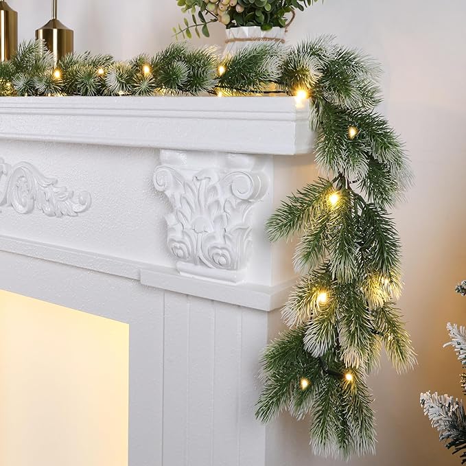 Pre Lit Snow Flocked Christmas Garland 5.9 ft Artificial Christmas Garland with Warm White LED Light and Timer Frosted Faux Pine Winter Garland for Home Indoor Outdoor Mantel Seasonal Decor