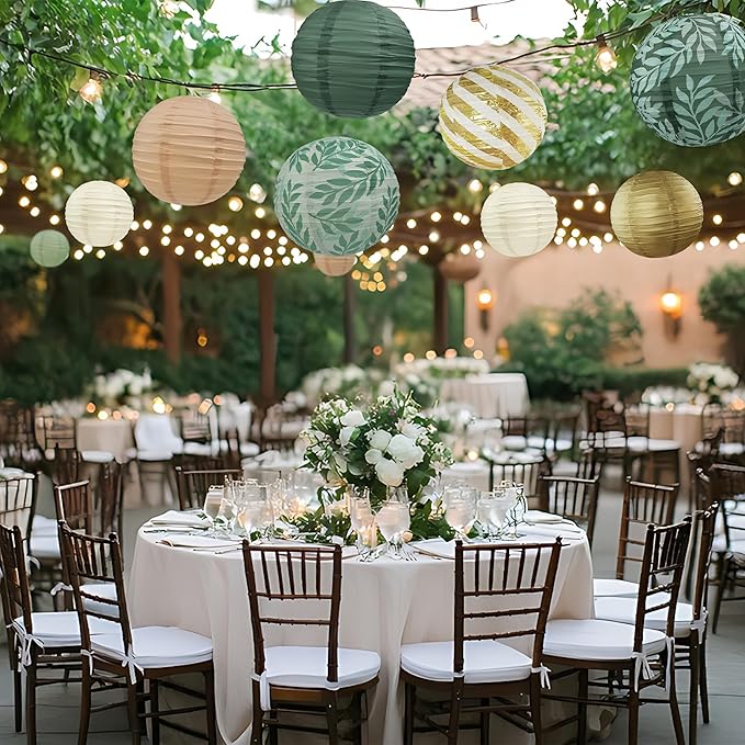 Sage Green Back to School Hanging Paper Lanterns Decorative, 12PCS Sage Green and Gold Forest Birthday Party Decoration with Hooks and Ropes Bridal Shower Wedding Home Decor