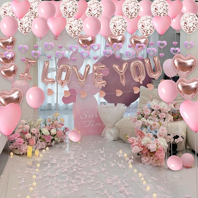 Valentine's Day Decorations 2 Set Rose Gold I LOVE YOU Balloons - 1200pcs Pink Artificial Rose Petals 16" Letter Balloons 18" Heart Foil Latex balloons 10 heart balloons Hanging Swirls Heart Banner
