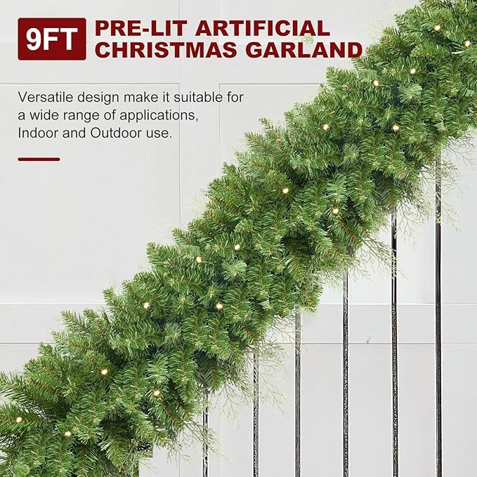 9 FT Pre-lit Christmas Garland Holiday Artificial 50 Led Light for Stairs Wall Door Indoor Outdoor Garland with Battery Operated Timer, for Holiday Home Decorations Fireplaces