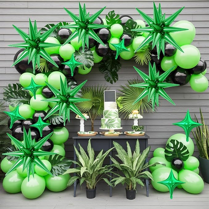 18 Pcs Green Star Balloons, Green Balloon with 6 Pcs 22-Inch Explosion Star Balloons 12Pcs 10-Inch Four Pointed Stars Foil Balloon for Jungle Safari Theme Football Birthday Party Decorations