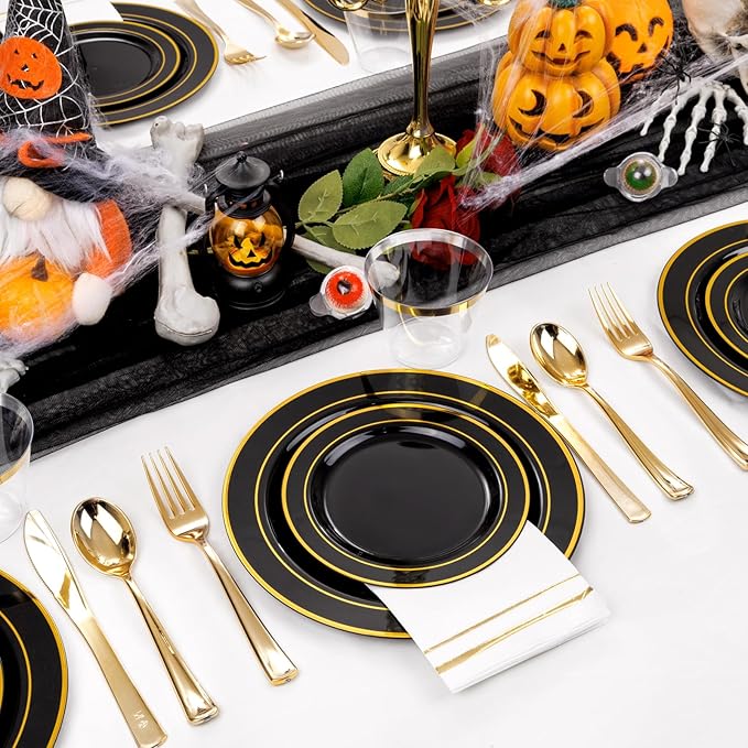GATHER 350PCS Black Plastic Plates - Disposable Dinnerware Set Include 100PCS Black and Gold Plastic Plates, 150 Silverware, 50 Napkins, 50 Cups for Party & Wedding & New Year