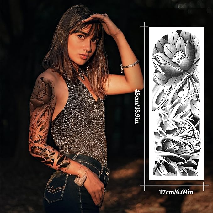 12 Sheets Large Full Arm Temporary Tattoos Adults, Waterproof Realistic Flower Japanese Tiger Samurai Skull Fake Tattoos, Fish Dragon Lotus Tattoo Kits Parties Festivals Cosplay BBQ Pool Beach Party