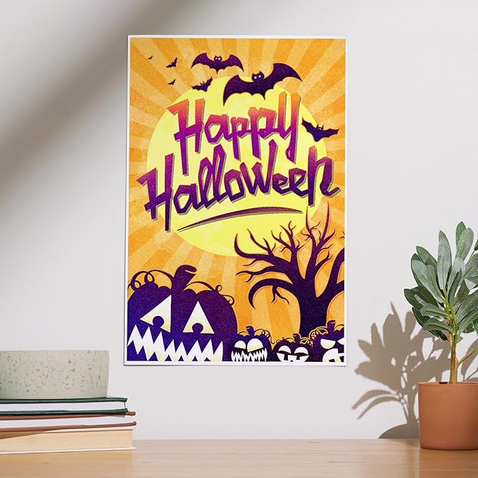 Lantern Press 12x18 Inch Art Print Wall Decor, Happy Halloween, Bats and Pumpkins