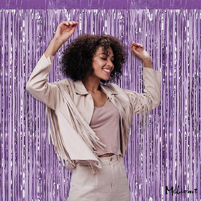 4 Pack Light Purple Fringe Curtain Backdrop, 3.2Ft x 9.8Ft Metallic Tinsel Foil Fringe Streamers Background for Photo Booth Birthday Wedding Baby Shower Carnival Easter Mother’s Day Party Decorations