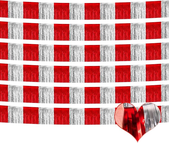 6 Pack 6 Feet Foil Fringe Garland Metallic Tassle Banner Wall Hanging Tinsel Streamers Backdrop for Parade Floats, Bachelorette Wedding Circus Welcome Carnival Birthday Party Decorations(Red Silver)