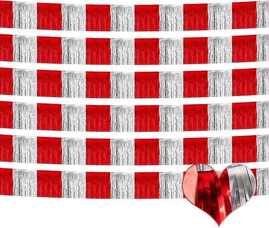 6 Pack 6 Feet Foil Fringe Garland Metallic Tassle Banner Wall Hanging Tinsel Streamers Backdrop for Parade Floats, Bachelorette Wedding Circus Welcome Carnival Birthday Party Decorations(Red Silver)