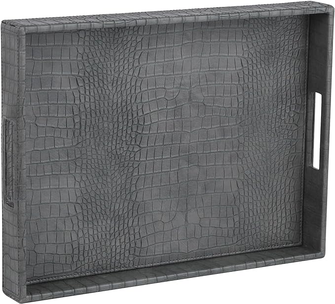 HofferRuffer Rectangle Serving Tray with Hole Handles for Coffee Table, Breakfast, Tea, Food, Butler - Countertop, Kitchen, Vanity Serve Tray, 16.2 x 12.2 x 2 inches, Faux Leather Tray (Dark Grey)