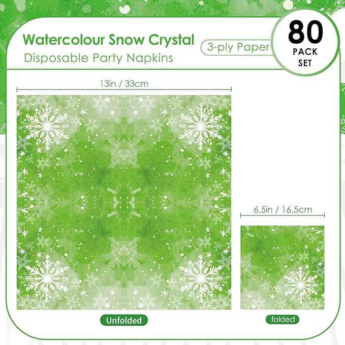 Christmas Paper Napkins Green, Snowflake, Watercolor 80 Pieces Party Disposable Paper Luncheon Napkins for Christmas, Happy New Year