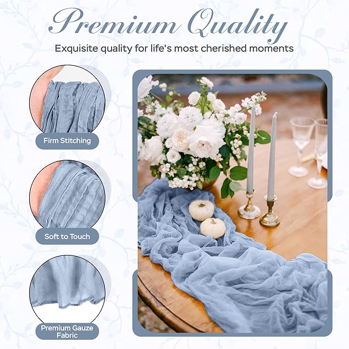 Cheesecloth Table Runner 3 Pack – 35x120 Inch (10ft) Boho Rustic Gauze Cloth Runners – Crinkle Polyester Table Decor for Wedding, Baby Shower, Bridal Shower, Birthday Party and More (Dusty Blue)