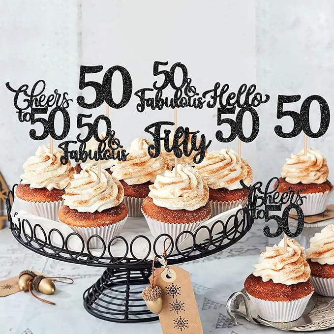 30PCS Happy 50th Birthday Cupcake Toppers Glitter Hello 50 Fabulous Fifty Cheers to 50 Years Old Birthday Cupcake Picks for Happy 50th Birthday Anniversary Party Cake Decorations Supplies Black