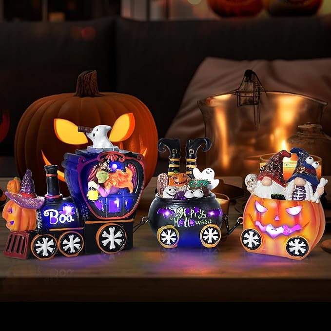 Hexagram Halloween Table Decorations Indoor, Lighted Halloween Witch Train Decor for Tabletop Figurines, Halloween Centerpieces Decorations for Home, Light Up Gnomes Decorations
