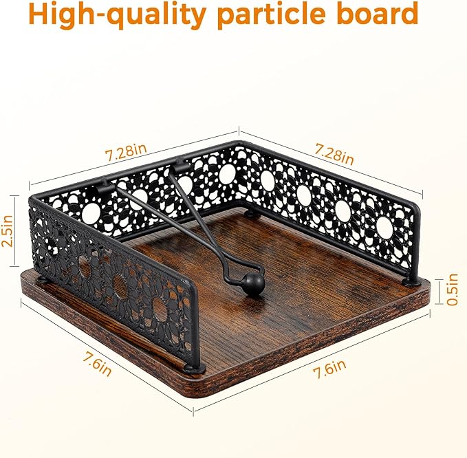 Wooden Napkin Holder for Table, Farmhouse Napkin Holder with Weighted Arm Iron Ball, and Vintage Sunflower Edging for Kitchen, Home, Countertop, Bar, Restaurant (Black Iron with Wood)