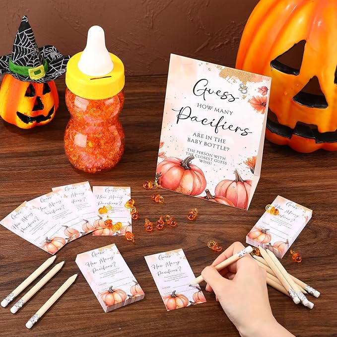 Roowest 512 Pcs Baby Shower Games Guess How Many Pacifiers Sign 100 Small Guessing Games 10 HB Pencils 750ml Milk Bottle 400 Acrylic Pacifiers Decoration for Guest Gender Reveal(Pink,Pumpkin)