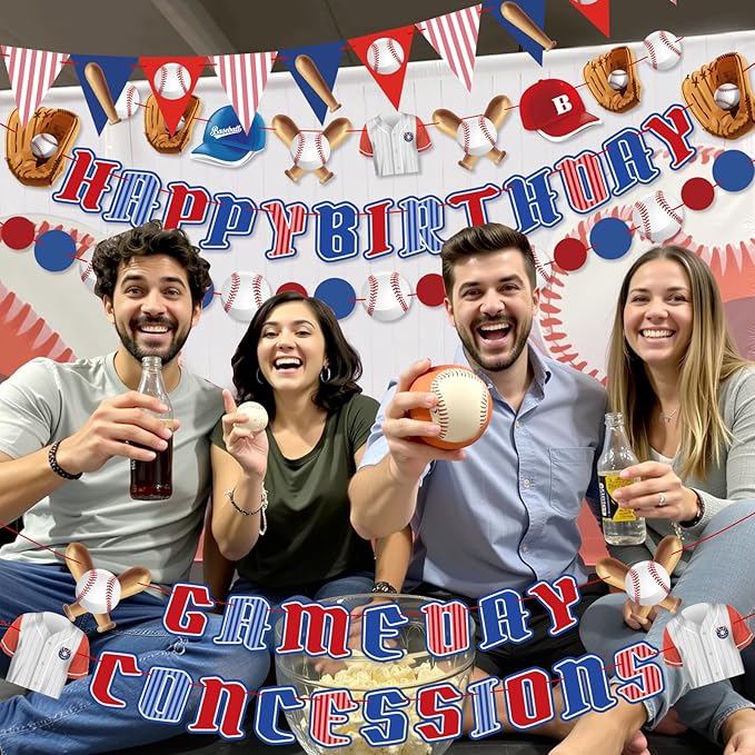 Pre-Strung Baseball Party Decorations with Concessions and game day Banners, Happy Birthday Baseball Party Supplies, Sports Themed Birthday Decorations with Baseball Triangle Bunting Pennant Flag