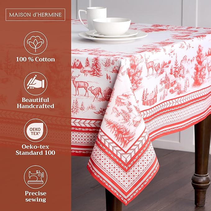 Maison d' Hermine Table Cloth Rectangle Table 100% Cotton 70 x 108 Inches Fall Tablecloth Reusable Everyday Use for Thanksgiving Christmas Decorations Dining Farmhouse Party (Winter Jouy)