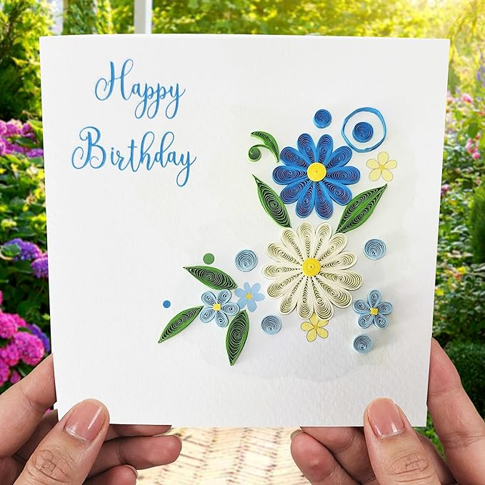 Quilled Birthday Card - Happy Birthday Quilled Floral Greeting Cards for Women -Blank Inside Quilling Cards for Woman- 6x6 Handmade 3D Paper Art Design with Luxury Green Envelope (Floral)