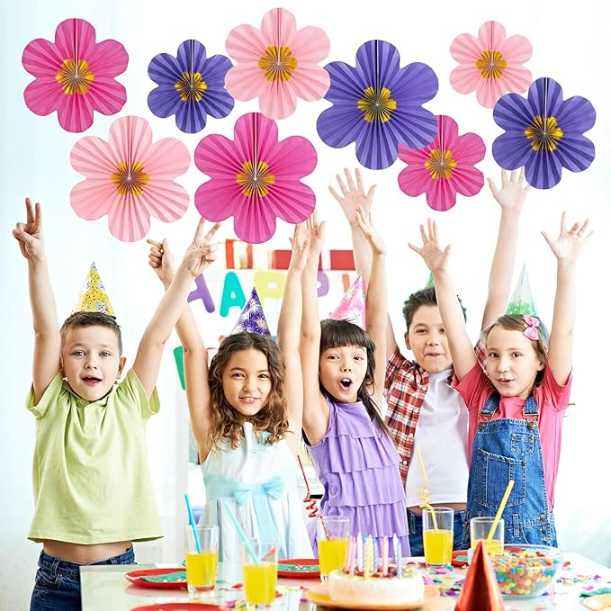 9 PCS Paper Fans Decorations, Pink and Purple Birthday Decorations, Paper Flowers, Classroom Decoration