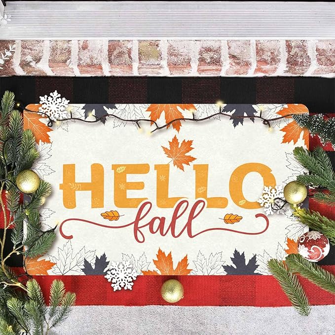 InterestPrint Thanksgiving Door Mat Hello Door Mat Fall Doormat, Fall Maple Leafs Doormat for Indoor Outdoor Entrance Floor Mats Non Slip Autumn Harvest Vintage Thanksiving Decor Rubber Welcome Mats
