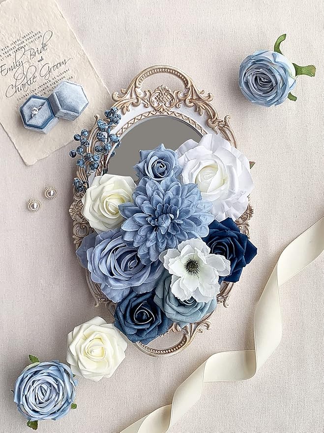 Roses Artificial Flowers Blue Bouquet Box Set Fake Flower for DIY Bridal Wedding Shower Centerpieces for Party Table Decorations Silk Floral Arrangements for Home Decor Indoor