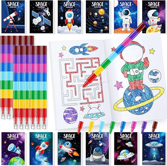 BenLouis 24 Outer Space Mini Coloring Books Kids with 24 Stacking Crayons Astronaut Party Favors Activity Books Bulk for Kids Solar System Galaxy Alien Goodie Bag Gift Stuffer Classroom Reward