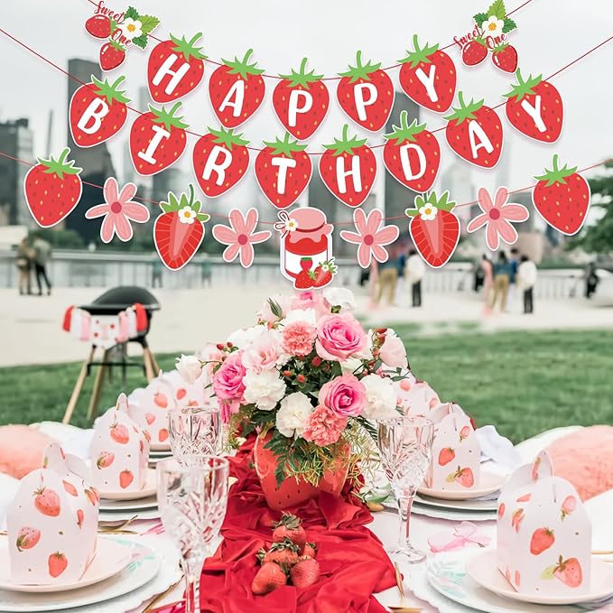 SUNBEAUTY Strawberry Happy Birthday Banner, Berry Sweet Red Fruit Party Hanging Banner, Strawberry Birthday Decorations for Girls 1st Birthday Baby Shower Party Decoration | Pre-Strung