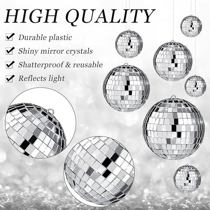 Funtery 100 Pcs Mirror Disco Balls Bulk Assorted Silver Hanging Disco Ball Decor for Home Wedding Birthday Dance Music 70 S Theme Party Christmas Tree Ornaments(1.2'',1.6'',2'',2.4'',4'')