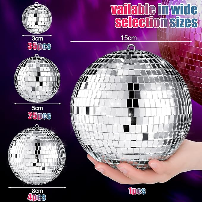 65 Pcs Disco Balls Decorations Assorted Size Disco Ball Ornament Reflective Hanging Mirror Ball Mini Large Silver Balls for Christmas Party Wedding Dance Ballroom Stage(6/3.2/2/ 1.2 in)