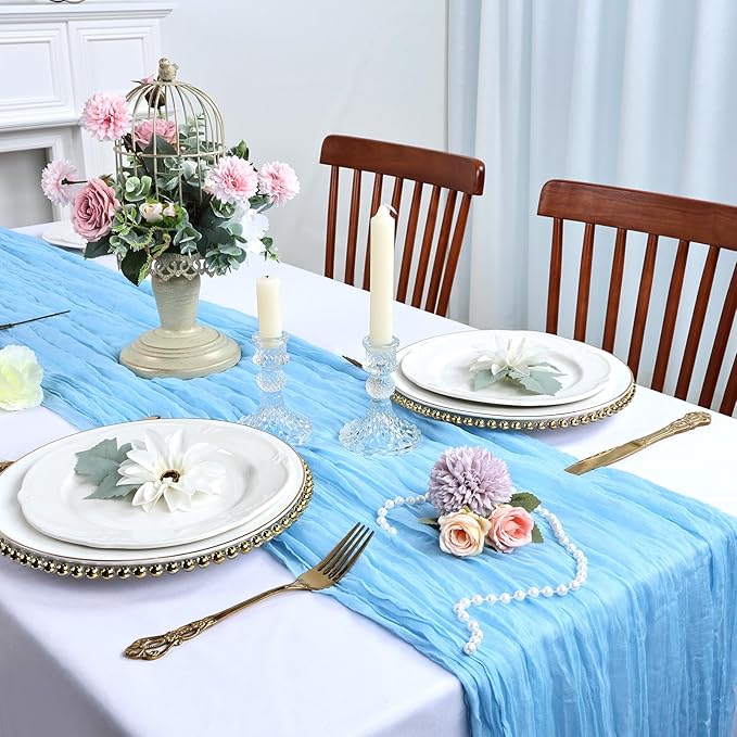 12 Pack Baby Blue Cheesecloth Table Runner 10FT Boho Cheese Cloths Gauze Fabric Table Runners 120 Inch Rustic Sheer for Wedding Birthday Party Baby Shower Centerpiece Home Decorations