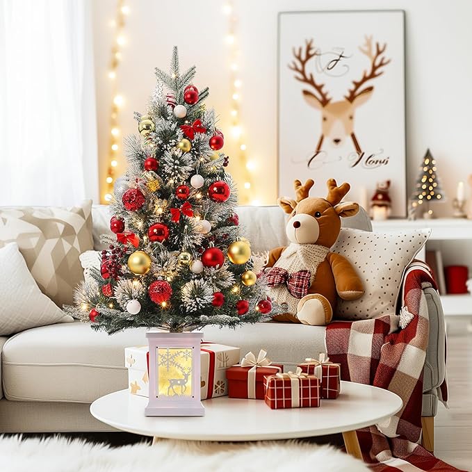 3 ft Mini Christmas Tree with Premium 78 Warm White Led, 8 Mode Xmas Pine Tree for Christmas Decoration, Party Decoration, Home, Office, Snow Flocked White Moose Base 2 Pack