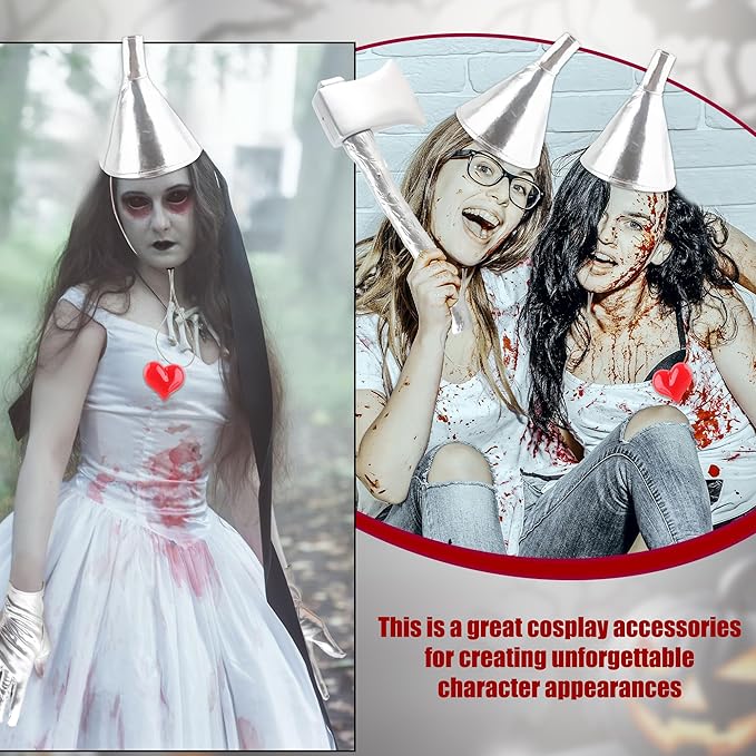 4 Pcs Silver Axe Funnel Hat Set with Heart Brooch Silvery Gloves Metallic Wizard Costume Accessories for Halloween Cosplay Party