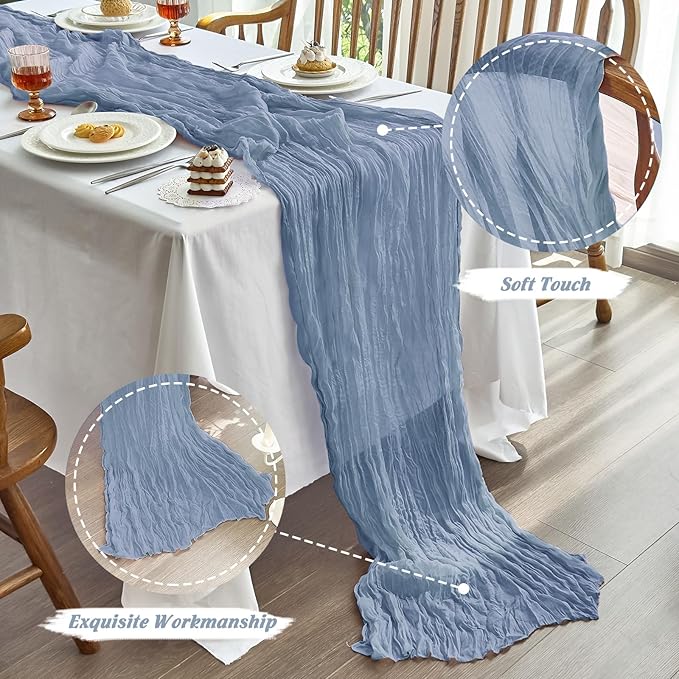 IVAPUPU 10 Pcs Cheesecloth Table Runner - 10ft Dusty Blue Boho Gauze Cheese Cloth Table Runners for Baby Shower Decoration Wedding Party Summer Garden Farmhouse