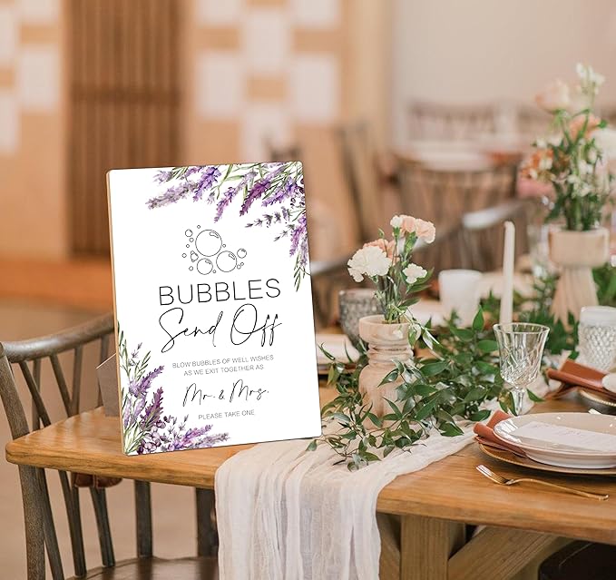 Wedding Bubble Send Off Sign, Lavender Bridal Shower Decorations, Engagement Party Decor, Centerpieces for Tables, Purple Floral Wooden Sign with Stand for Wedding Reception And Bridal Party Decor, 33