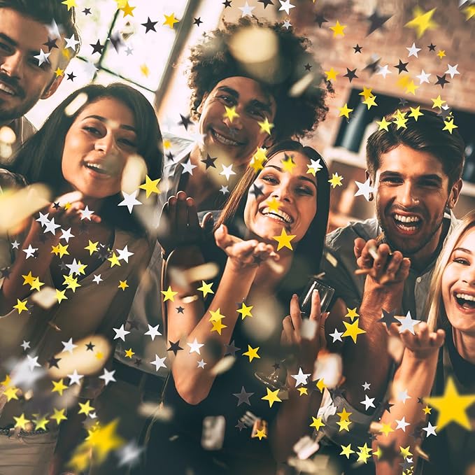 Hestya 60g Star Confetti Glitter Table Confetti Metallic Foil Stars for Christmas Party Wedding Festival Decorations(Silver Gold Black,10mm and 6mm)
