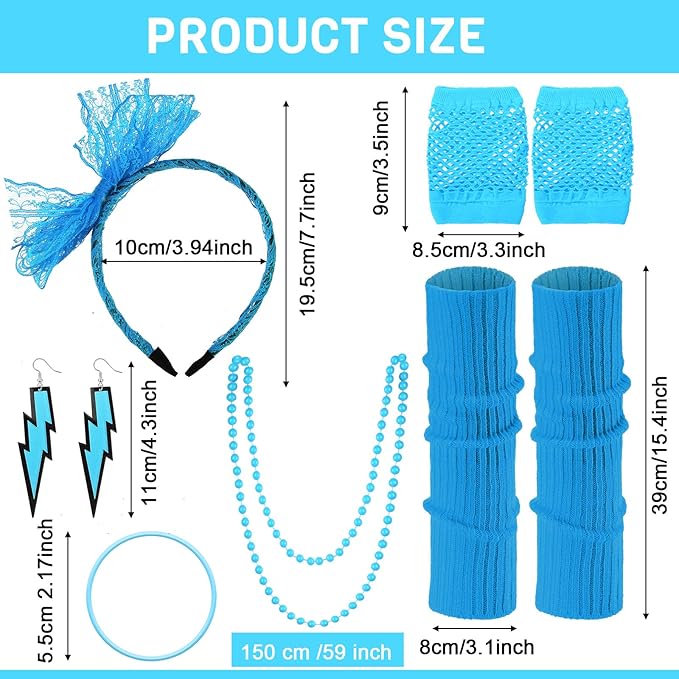 Handepo 19 Pcs 80s Costume Accessories Holographic Fanny Pack Leg Warmers Lace Headband Earrings Gloves Necklace Bracelet